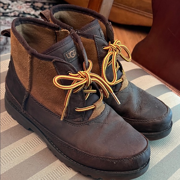 UGG Kids Tan and Brown Boots with Yellow Laces - Picture 1 of 5